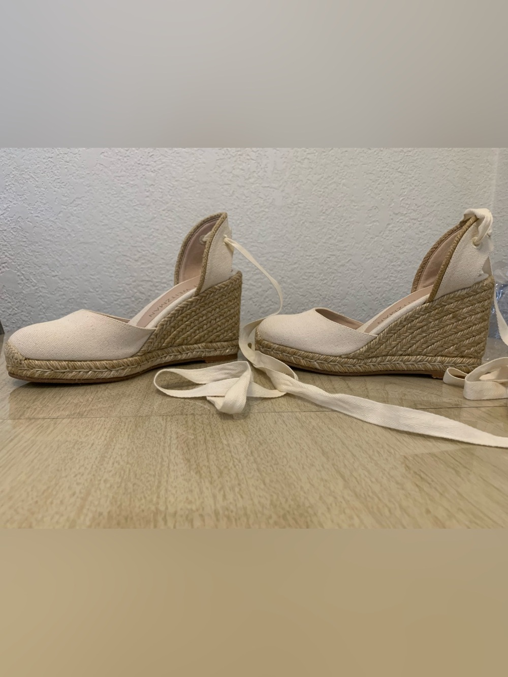 Stuart Weitzman Cream Canvas Espadrille Wedge with Wrap Ankle Ties NWOT - Picture 4 of 8